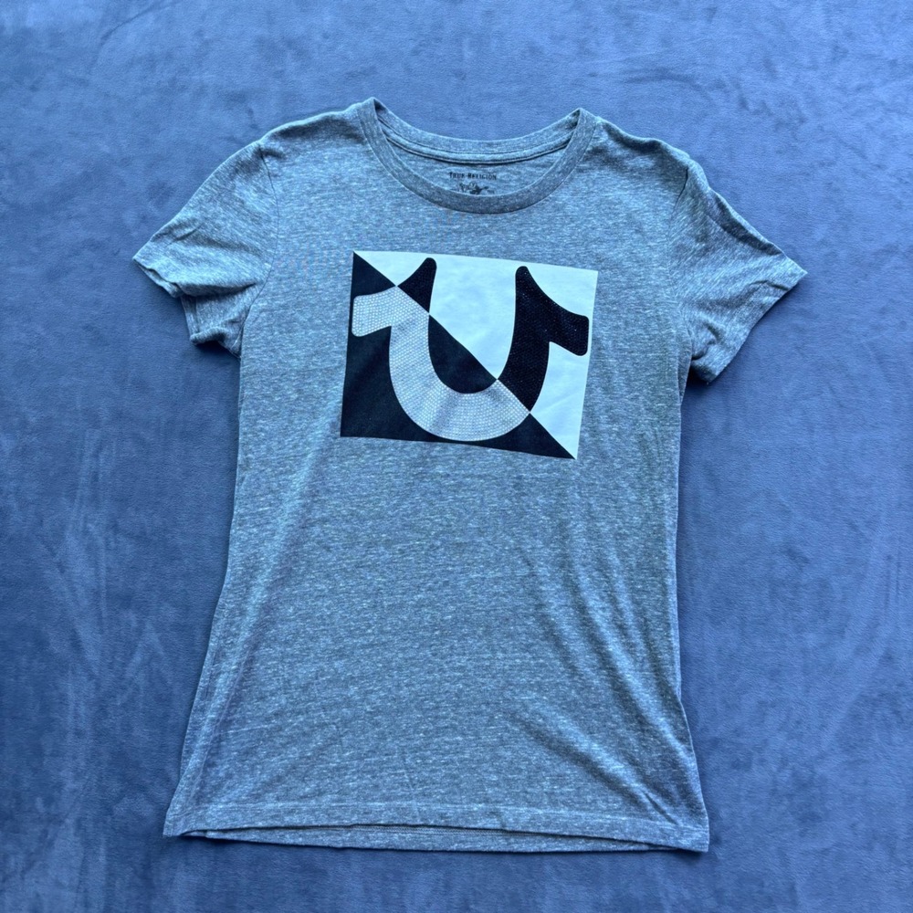 True Religion Womens Gray Studded Horseshoe Logo Graphic T-Shirt Medium M